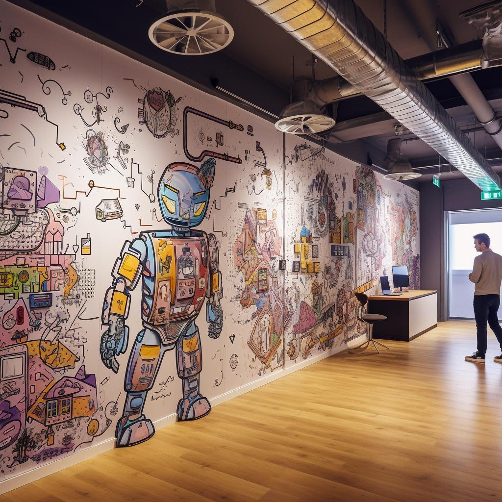 "Una oficina moderna decorada con numerosas ilustraciones de garabatos que representan robots futuristas, en tonos de magenta claro y gris oscuro, evocando un ambiente metálico crudo y juguetón."