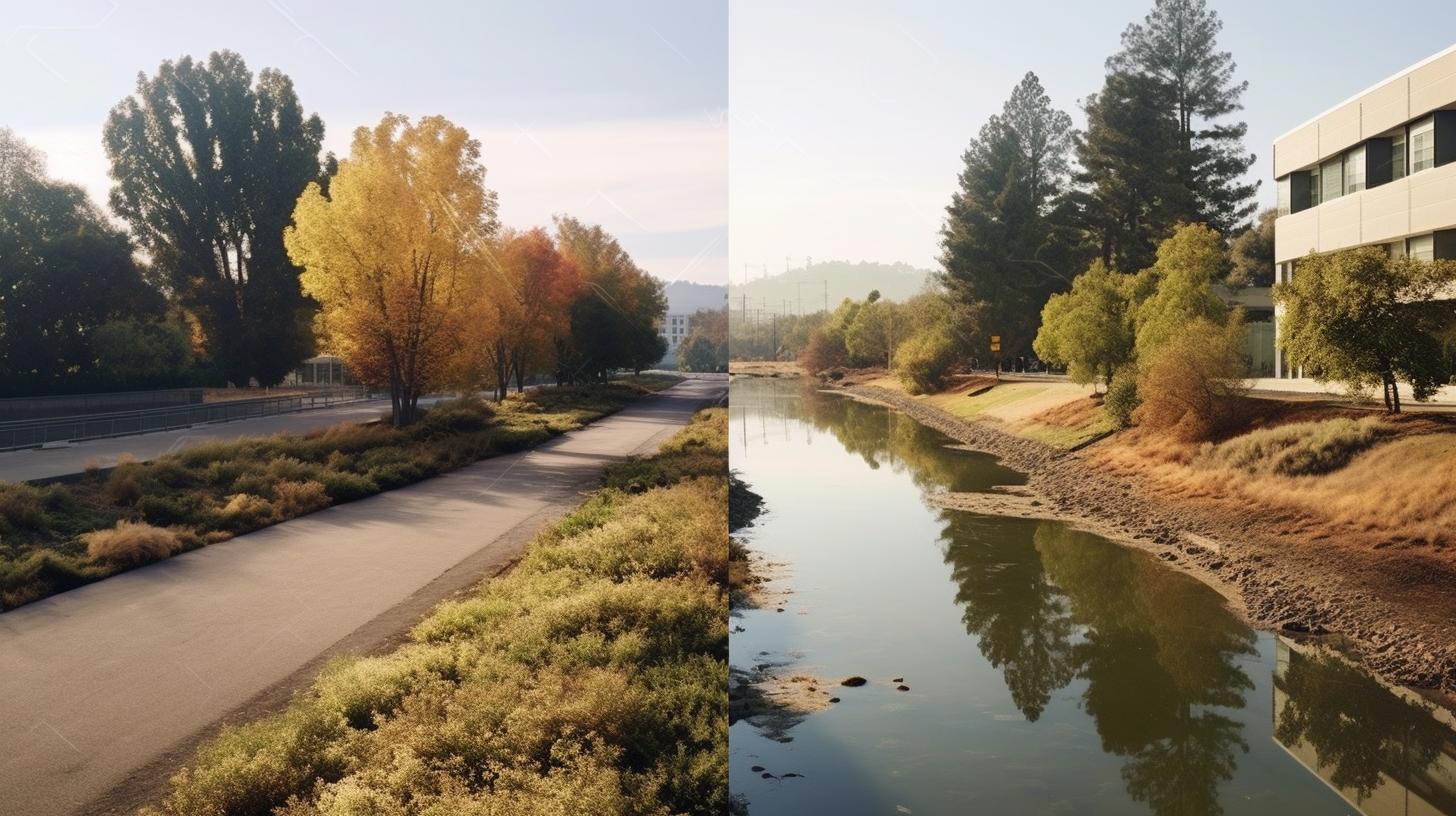 "Una representación fotorrealista de un canal flanqueado por árboles otoñales en tonos amarillos y plateados, evocando una estética lo-fi y un paisaje desolado al estilo del arte al aire libre de California."