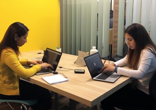 "Imagen de dos mujeres trabajando en sus laptops en una oficina, con un estilo visual que combina tonos oscuros de amarillo y negro claro."