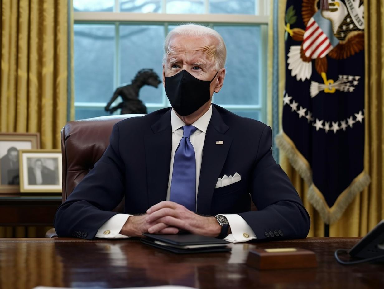 El presidente Biden, con mascarilla, sentado en el Despacho Oval, representado de manera fotorrealista y con tonos púrpuras y ámbar que evocan la conciencia medioambiental.