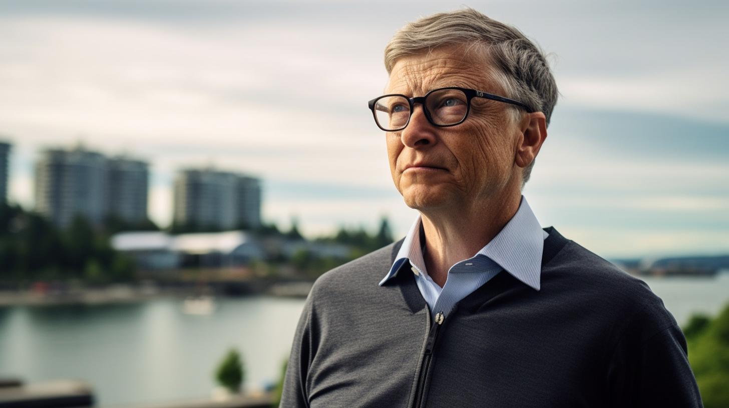 "Bill Gates posando con una mirada intensa frente a edificios cercanos al agua, en un retrato de enfoque suave y alta calidad que evoca controversia, inspirado en los estilos de Tyko Sallinen, Michael Shainblum y Gen Paul."