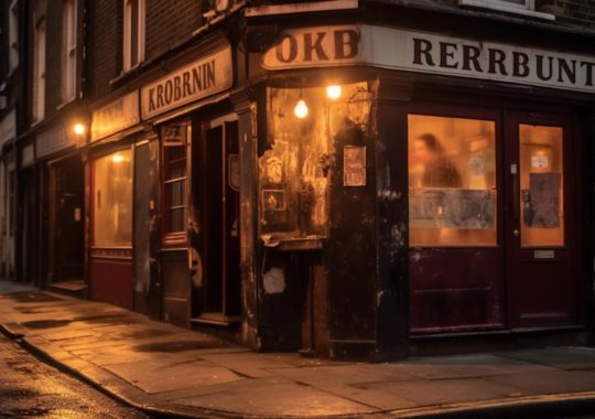 "Imagen de un antiguo pub en venta situado en una calle, con un ambiente nocturno y misterioso, evocando el estilo artístico de John Kenn Mortensen, Alan Kenny y Yinka Shonibare con tonos predominantes de rojo arándano."