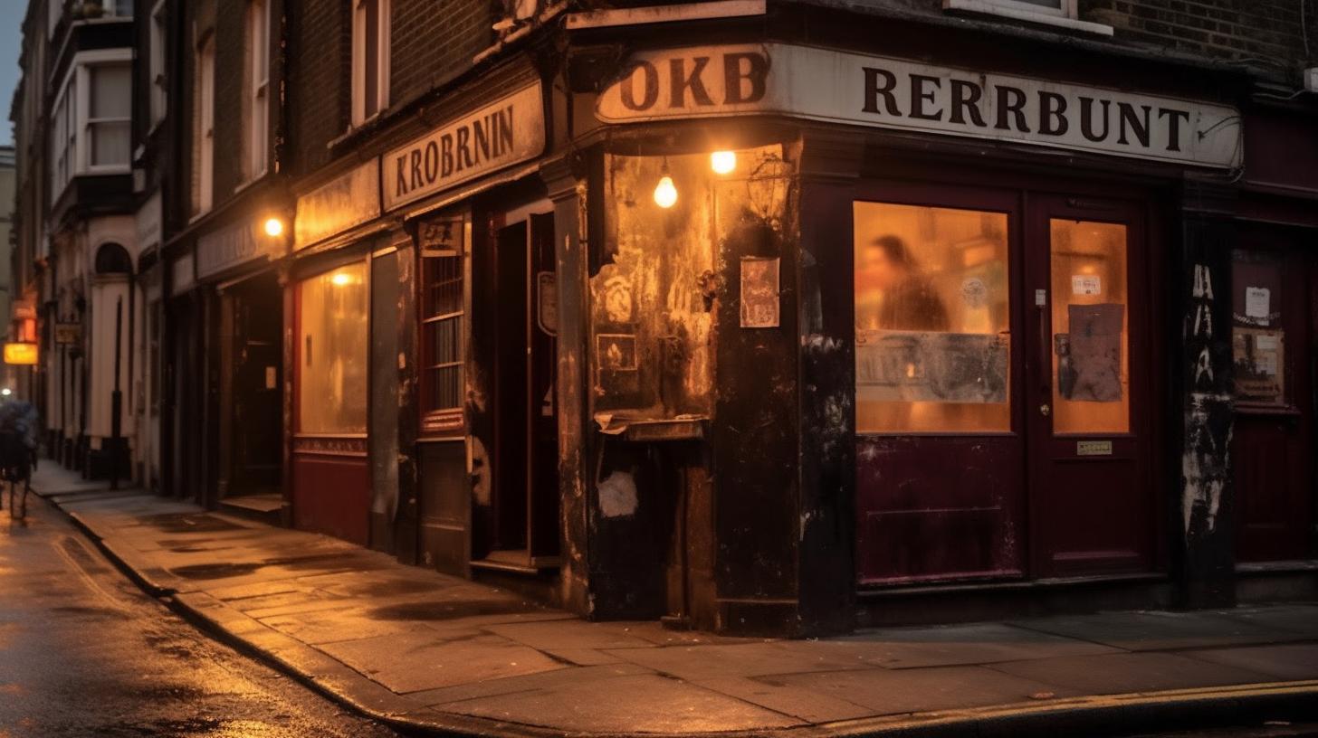 "Imagen de un antiguo pub en venta situado en una calle, con un ambiente nocturno y misterioso, evocando el estilo artístico de John Kenn Mortensen, Alan Kenny y Yinka Shonibare con tonos predominantes de rojo arándano."
