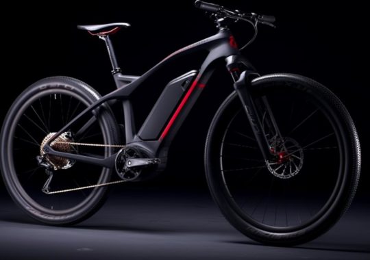 "Una bicicleta eléctrica se encuentra en una habitación oscura, con un estilo rico en texturas y detalles intrincados, predominando los tonos grises oscuros y rojos."