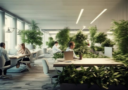 Una oficina llena de personas trabajando, rodeada por una exuberante vegetación y bañada en luz natural, evocando la naturaleza noruega y un ambiente realista.