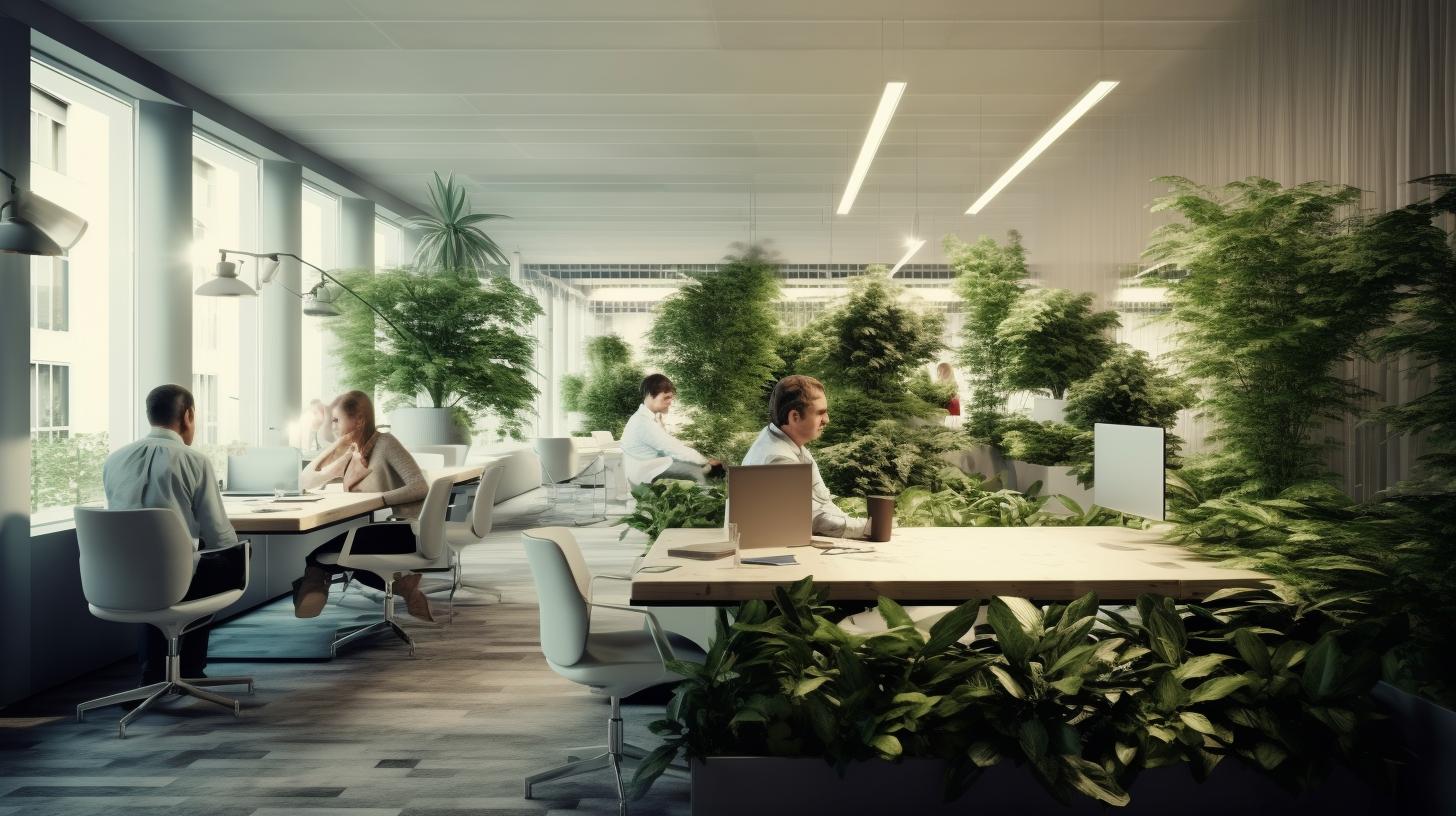 Una oficina llena de personas trabajando, rodeada por una exuberante vegetación y bañada en luz natural, evocando la naturaleza noruega y un ambiente realista.