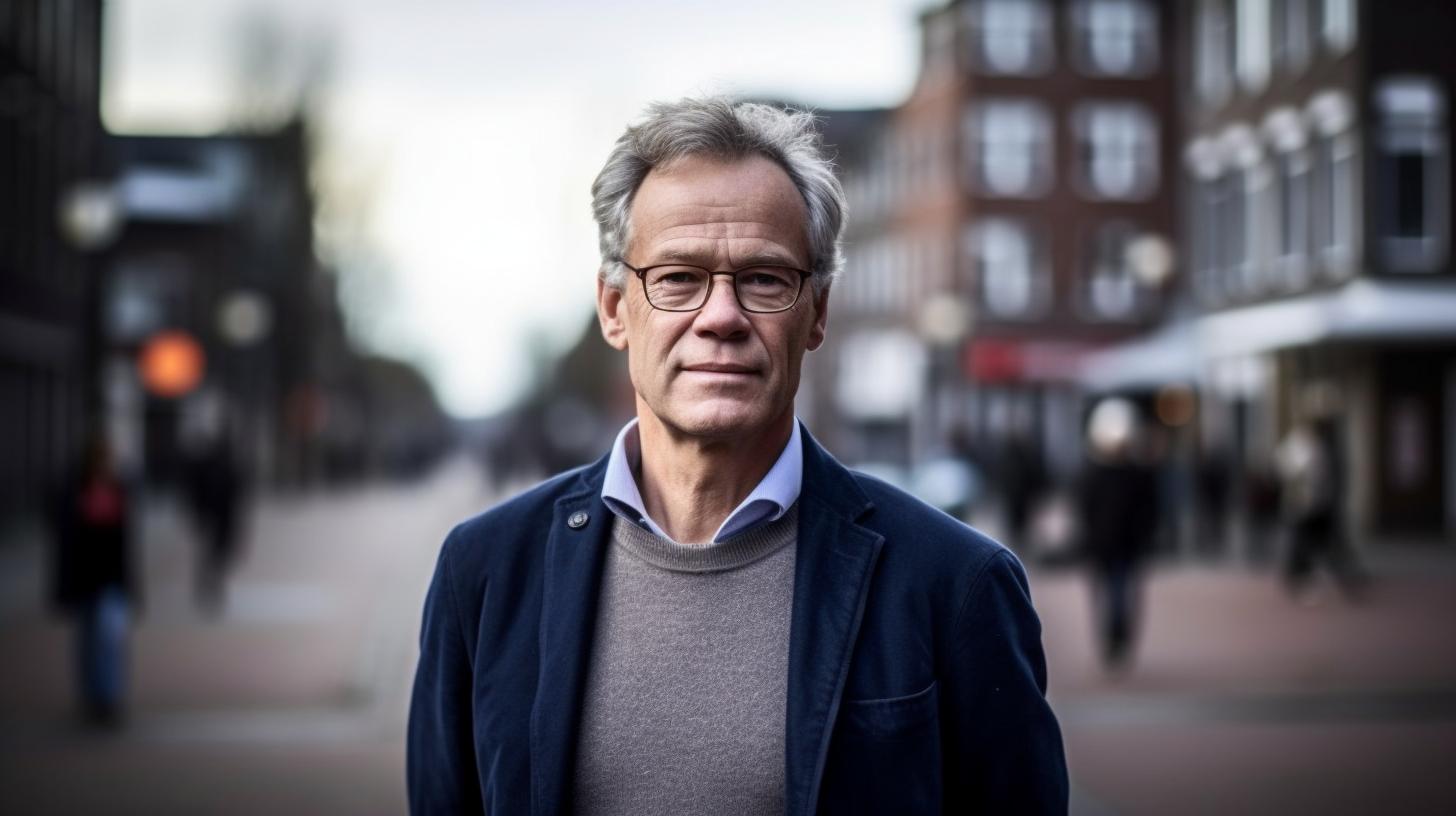 "Retrato de un hombre mayor con expresión intensa, parado cerca de una calle urbana, iluminado suavemente en un estilo que evoca el diseño danés y los paisajes marinos holandeses, sugiriendo un comentario político."