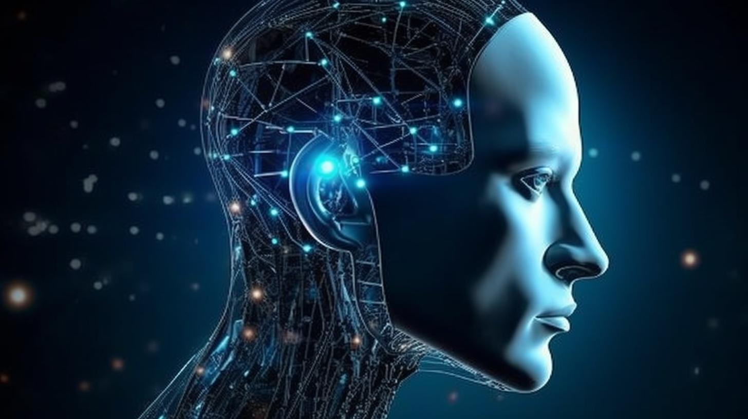 "Una cabeza de inteligencia artificial con influencias del precisionismo, desarrollada en tonos claros de negro y azul, que evoca una conexión humana a través de su exactitud metálica y etérea, en un ambiente nanopunk."
