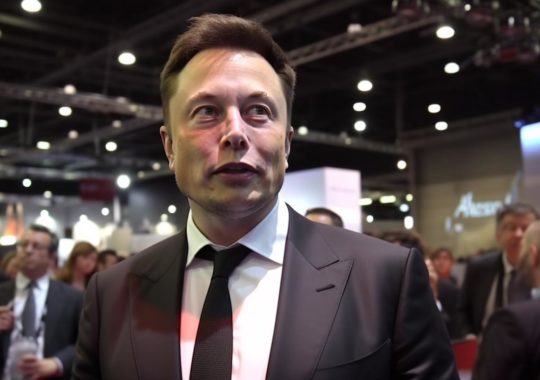 "Elon Musk posando en su stand de exposición automotriz, capturado con una expresión intensa y un estilo artístico inspirado en Amedee Ozenfant."