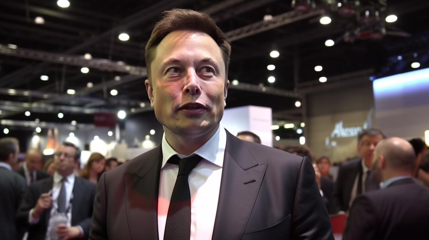 "Elon Musk posando en su stand de exposición automotriz, capturado con una expresión intensa y un estilo artístico inspirado en Amedee Ozenfant."