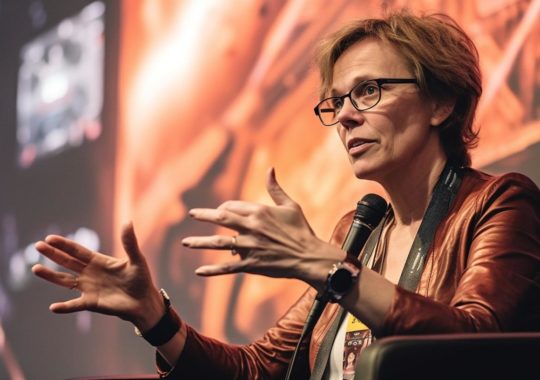 "Samantha Gillespie, Jr CBE 2019, en la cumbre de Impacto Global y Social de IDF, capturada con un estilo inspirado en novelas gráficas y diseño danés, iluminación cinematográfica y tonos oscuros de carmesí y naranja."