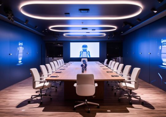 "Robots colgados en la pared y sillas dispuestas en una sala de reuniones con paredes de un intenso azul eléctrico, iluminación exquisita y acentos metálicos, evocando el estilo artístico de Shwedoff."