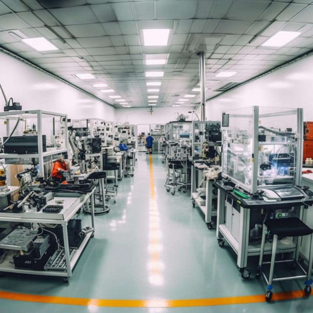 "Imagen de una instalación de fabricación de computadoras en el interior de una fábrica, capturada con precisión ingenieril y un estilo neo-académico que resalta las superficies planas y la estética en miniatura."