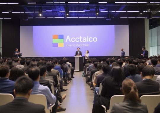 Una conferencia de lanzamiento de Accalto en el Pacífico 2018, capturada con un estilo minimalista y angular que recuerda a Windows XP, evocando la influencia del grupo Gutai y la ola Hallyu.