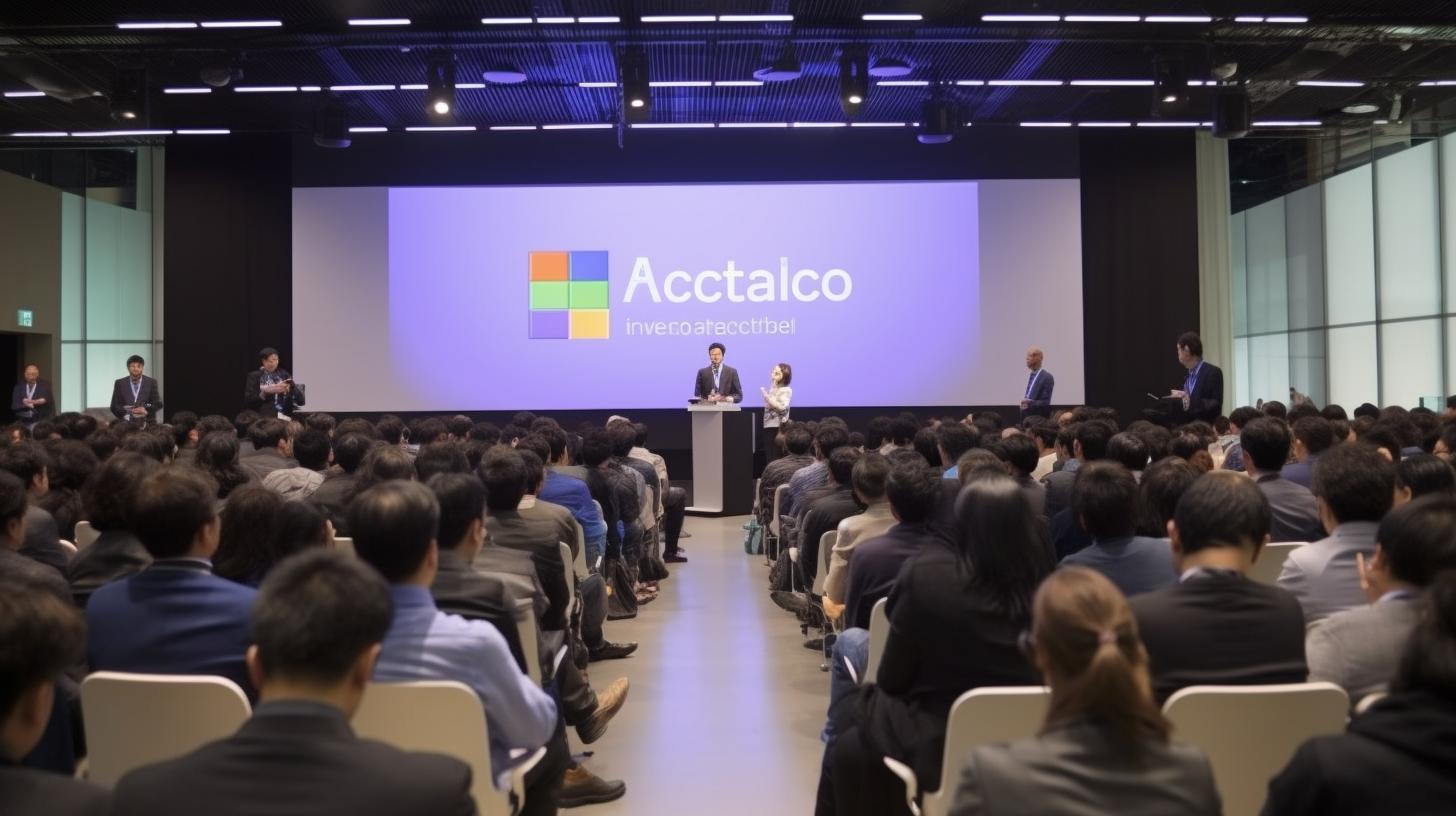 Una conferencia de lanzamiento de Accalto en el Pacífico 2018, capturada con un estilo minimalista y angular que recuerda a Windows XP, evocando la influencia del grupo Gutai y la ola Hallyu.