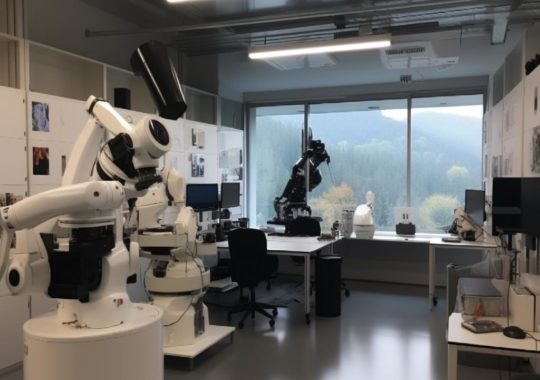 "Imagen de un laboratorio romántico académico al estilo Whistlerian, con vistas microscópicas y un robot en su interior."