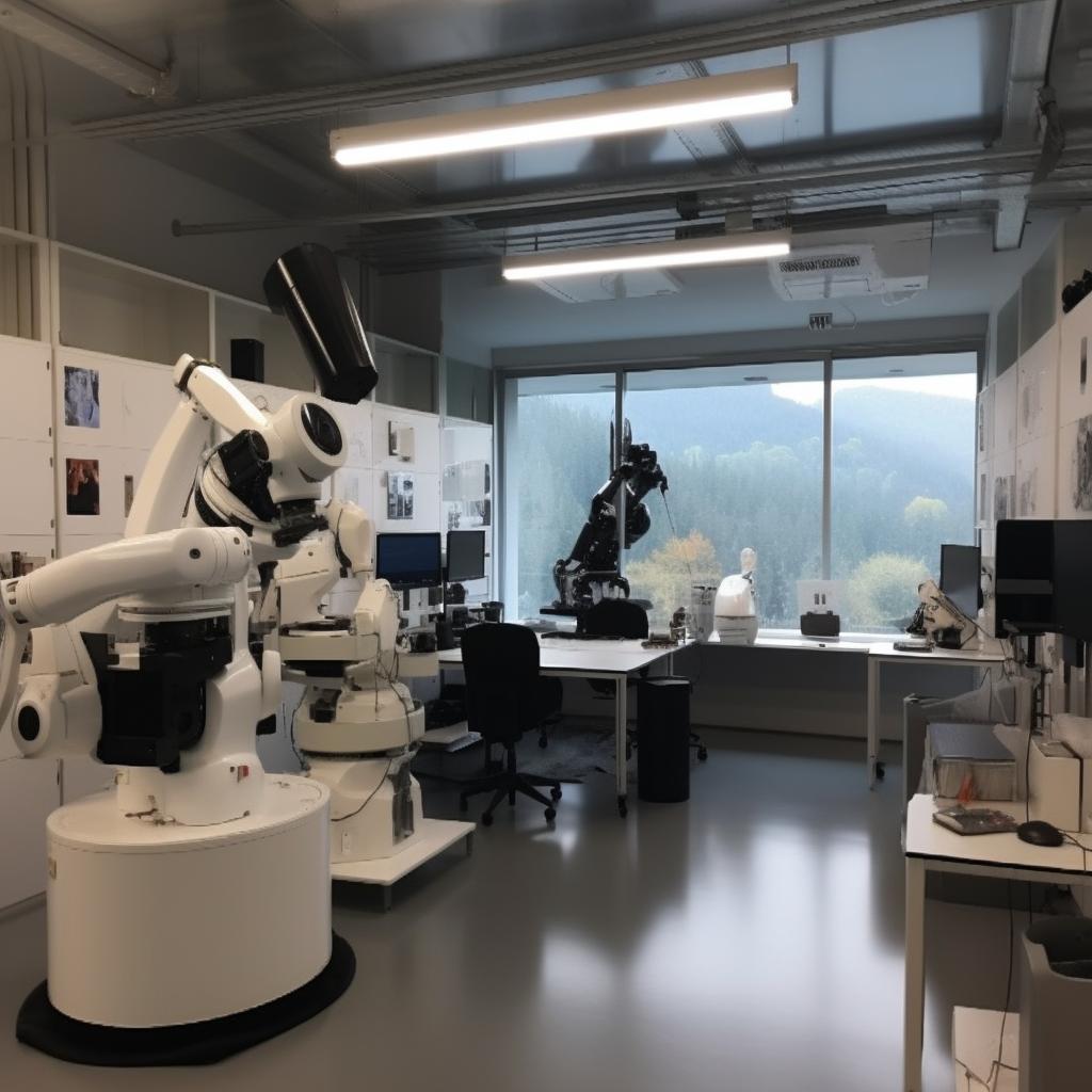 "Imagen de un laboratorio romántico académico al estilo Whistlerian, con vistas microscópicas y un robot en su interior."