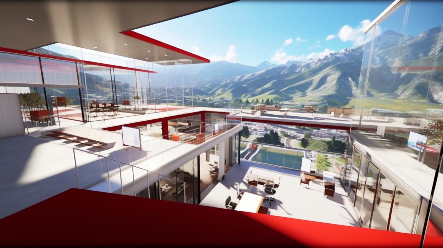 Una casa de planta abierta con paredes y techo rojos, ubicada cerca de las montañas, diseñada en un estilo futurista urbano que evoca la monumentalidad imponente.