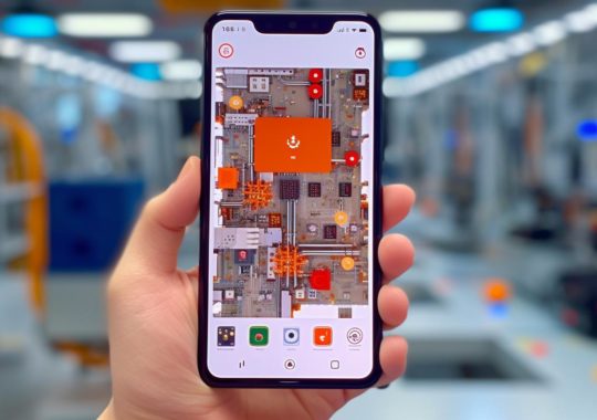 "Un smartphone mostrando una imagen grande de una fábrica industrial, en tonos grises claros y naranjas, con un estilo complejo y colorido que brilla intensamente, presentando iconografía china de manera precisa y realista."