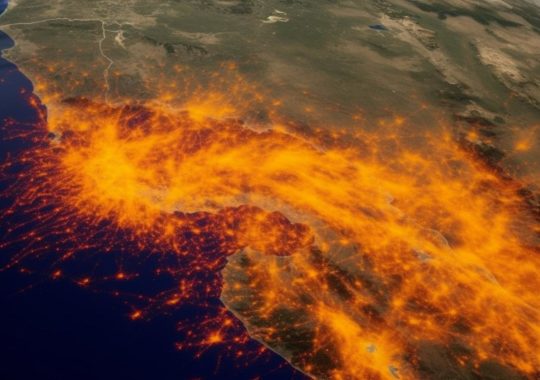 "Visualización de datos que muestra un incendio en Los Ángeles, con patrones densos y colores oscuros blancos y naranjas, evocando una sensación de infinitud."