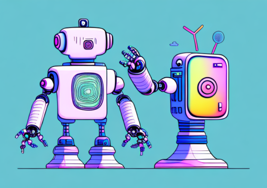 A robot interacting with a colorful instagram interface