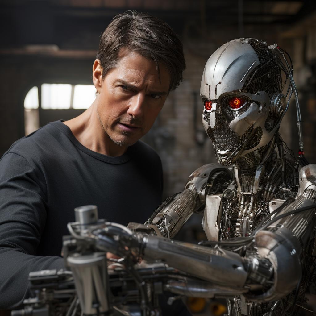 Tom Cruise retratado como el Terminator, en un estilo de robots futuristas y figuras antropomórficas, con una paleta de colores oscuros plateados y dorados claros, inspirada en la ciencia ficción.