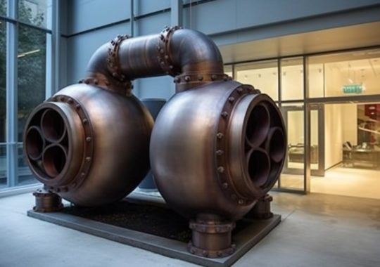 "Cuatro grandes bombas de agua incrustadas en el suelo de una oficina, estilizadas como esculturas esféricas de tonos plateados oscuros y bronce, evocando un espectáculo futurista."