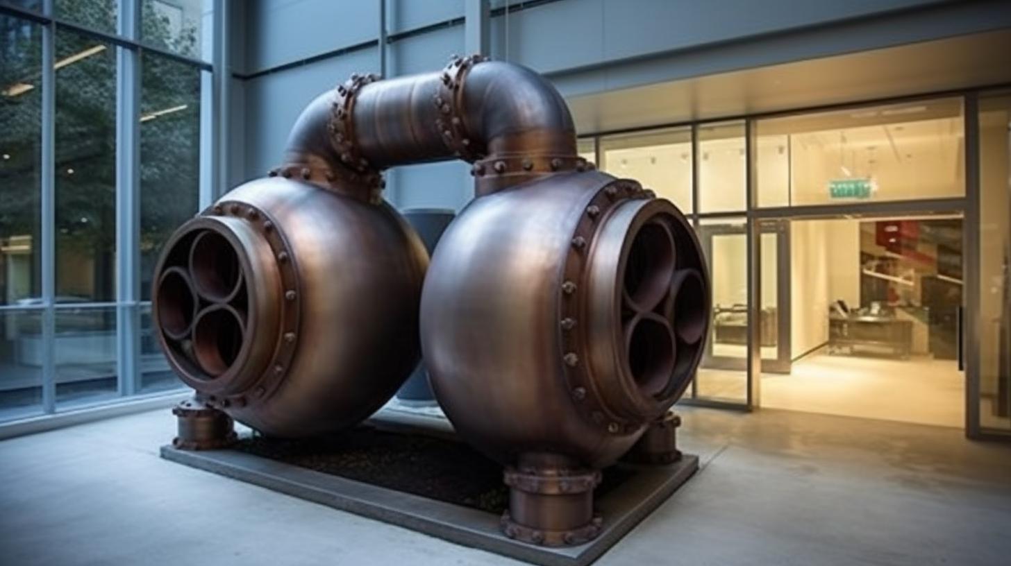 "Cuatro grandes bombas de agua incrustadas en el suelo de una oficina, estilizadas como esculturas esféricas de tonos plateados oscuros y bronce, evocando un espectáculo futurista."