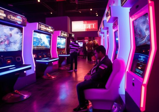 Un grupo de personas sentadas frente a una máquina de videojuegos arcade, en un ambiente íntimo y espontáneo, con tonos oscuros de blanco y rosa.