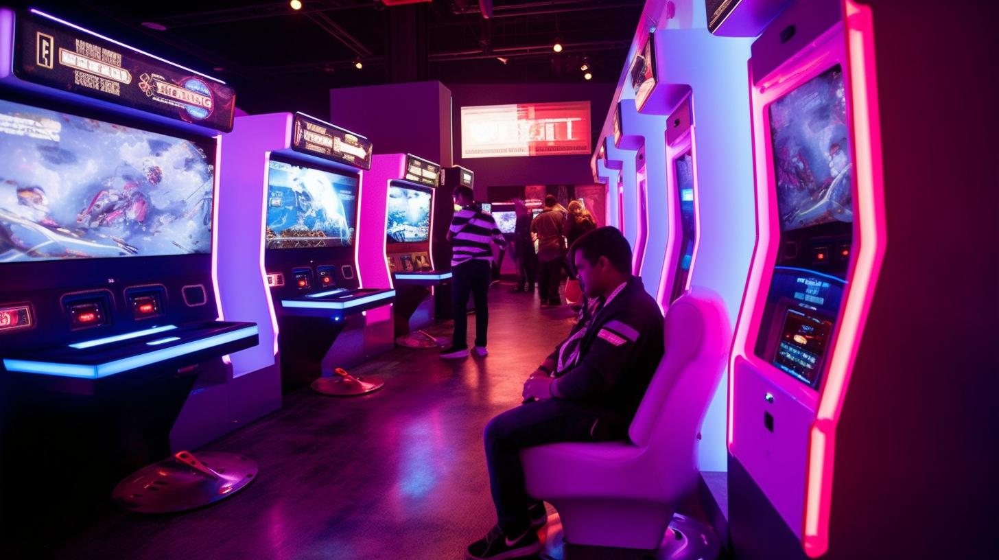 Un grupo de personas sentadas frente a una máquina de videojuegos arcade, en un ambiente íntimo y espontáneo, con tonos oscuros de blanco y rosa.