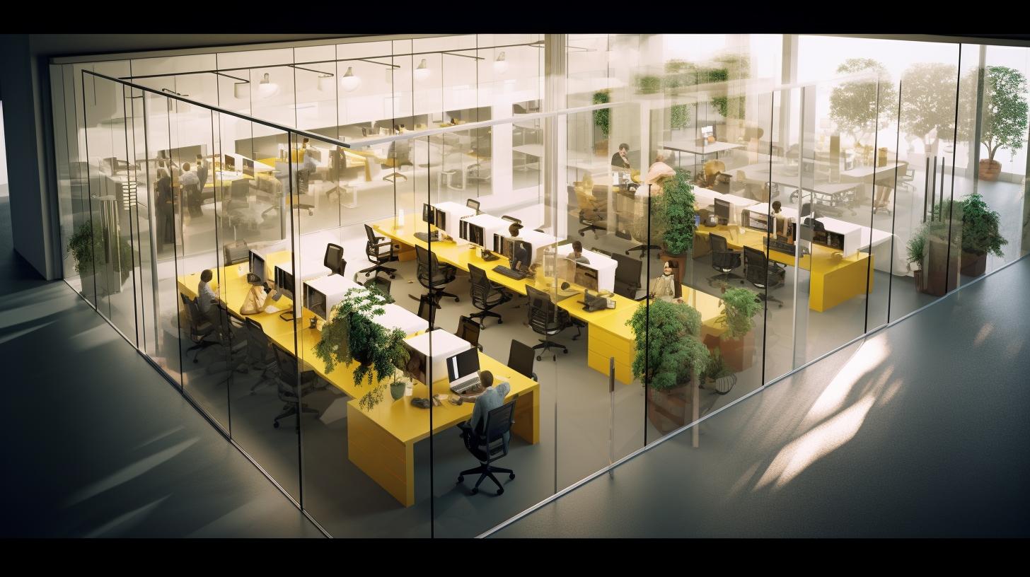 Una vista aérea de una oficina con paredes de vidrio en tonos amarillos, con un estilo que recuerda al del artista Richard Serra.