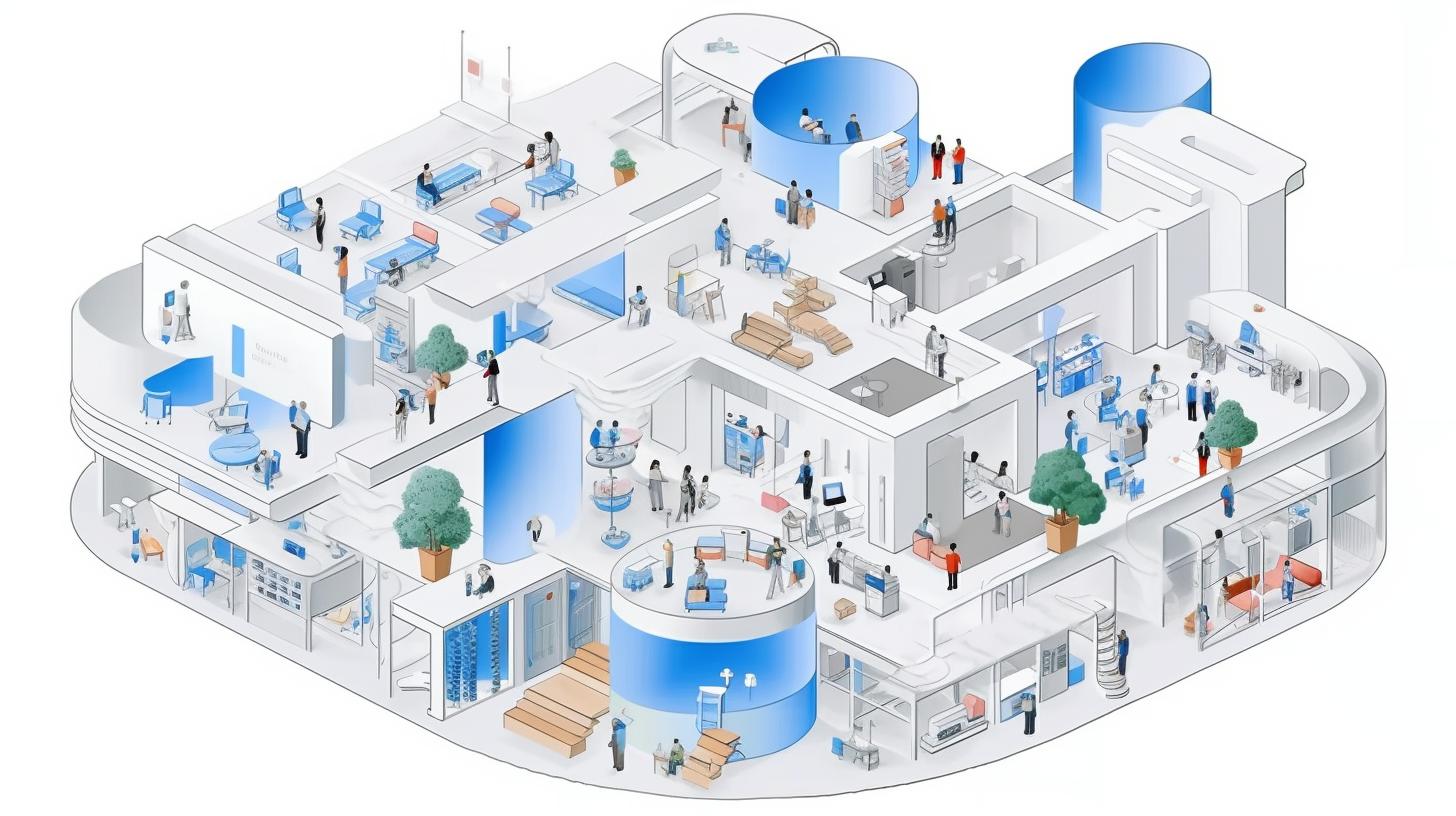 "Diagrama tridimensional de una oficina con personas de pie alrededor, en un estilo preciso y realista, con tonos de blanco y azul, evocando la sensación de un pueblo y naves espaciales elaboradas."