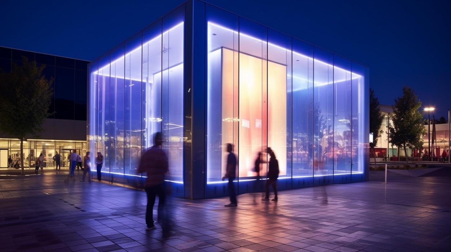 Una imagen de un edificio de vidrio iluminado con personas caminando frente a él, destacando por su diseño estructural audaz y uso escaso de color, evocando el estilo tradicional del artista Li Wei y la fotógrafa Elizabeth Gadd.