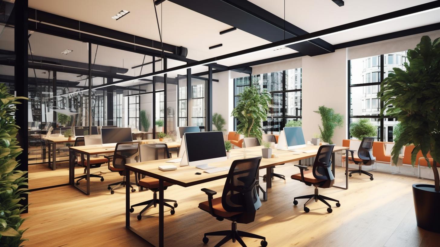 Una oficina espaciosa con un gran escritorio, rodeada de amplias ventanas, en tonos ámbar claro y negro, con un ambiente urbano y detalles en madera.