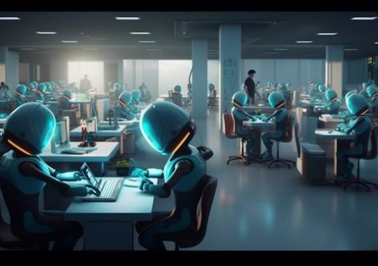 "Escena futurista de humanos trabajando en una oficina animada, rodeados de niños robots y objetos singulares, con un toque hiperrealista en tonos azul verdoso, evocando mundos alienígenas."