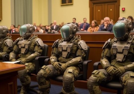 "Marines espaciales posicionados en una mesa frente a un tribunal, ambientado con un estilo de activismo medioambiental y estética seapunk, con características faciales exageradas y líneas precisas, predominando los tonos verdes claros y ámbar."