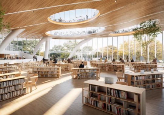 Una biblioteca encantadora llena de libros y personas, con árboles a su alrededor, representada en un estilo realista y luminoso inspirado en la naturaleza y la escuela de Barbizon.