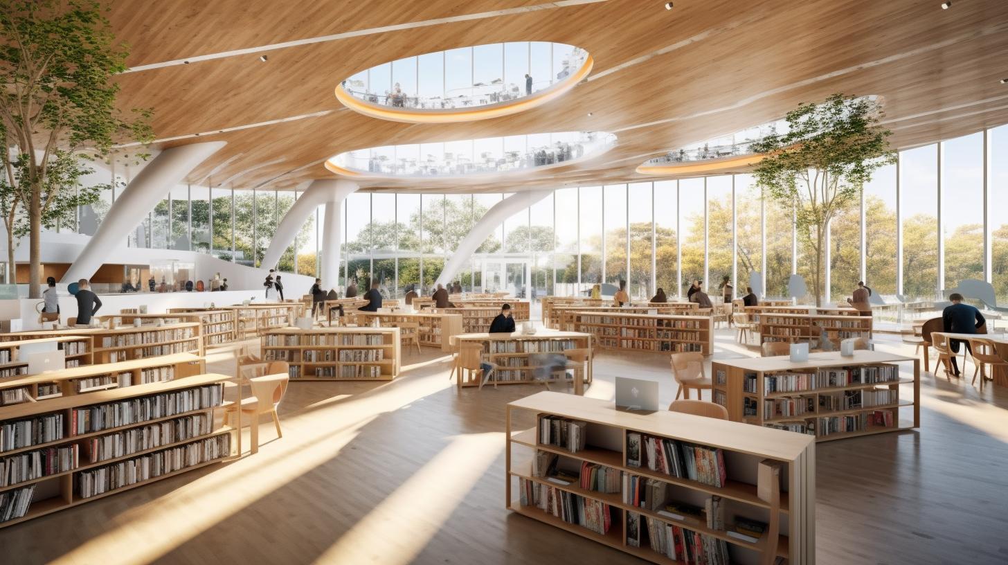 Una biblioteca encantadora llena de libros y personas, con árboles a su alrededor, representada en un estilo realista y luminoso inspirado en la naturaleza y la escuela de Barbizon.