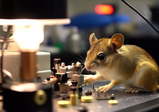 "Un ratón de pelo rizado observa con curiosidad piezas electrónicas, en un ambiente de academia luminosa y realismo preciso, con colores ámbar y personajes encantadores."