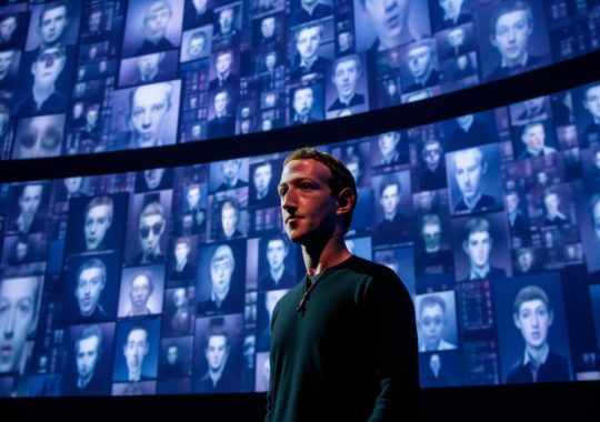 Mark Zuckerberg retratado en un ambiente teatral e histórico durante el evento F9 en Nueva York, con un estilo de retrato conceptual y expresionismo emotivo, inspirado en el trabajo del artista Mikko Lagerstedt.