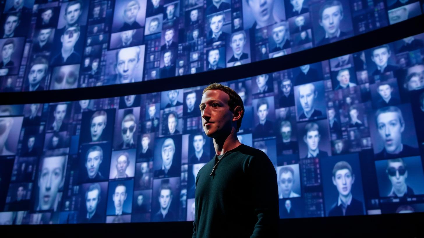 Mark Zuckerberg retratado en un ambiente teatral e histórico durante el evento F9 en Nueva York, con un estilo de retrato conceptual y expresionismo emotivo, inspirado en el trabajo del artista Mikko Lagerstedt.