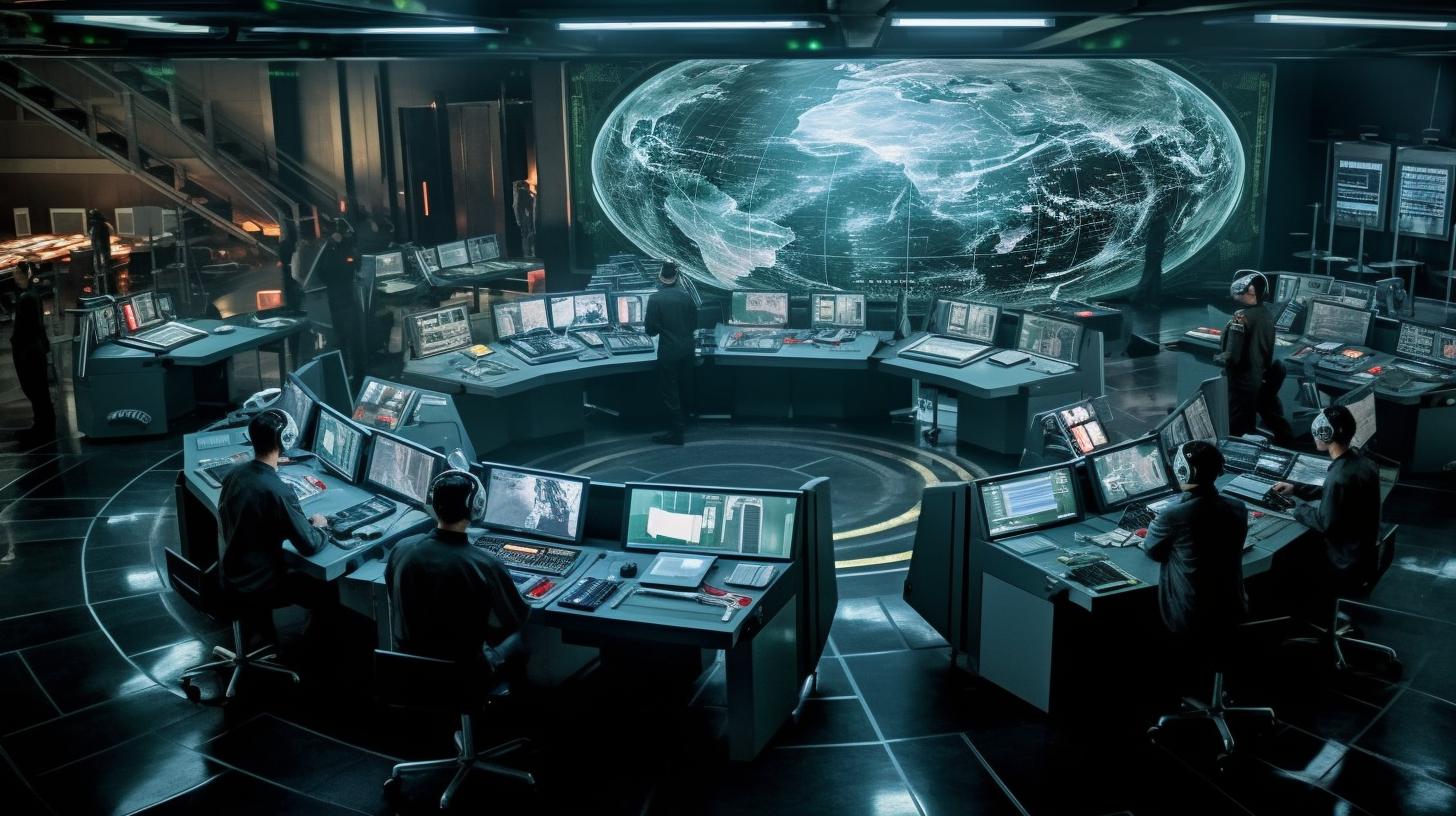 Una sala llena de computadoras ubicada en la cima de una torre, con un globo terráqueo al fondo, presentando una escena cinemática y cautivadora que combina tonos oscuros de verde y gris.