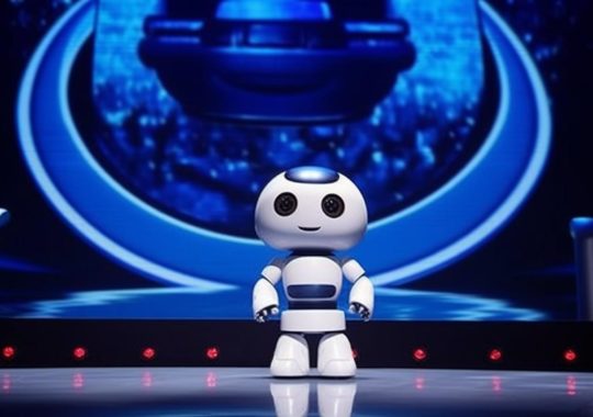 "Un robot en un escenario iluminado con luces azules y rojas, destacando sus expresiones faciales, con líneas suaves y curvas, en un estilo futurista y metálico de blanco y plata."