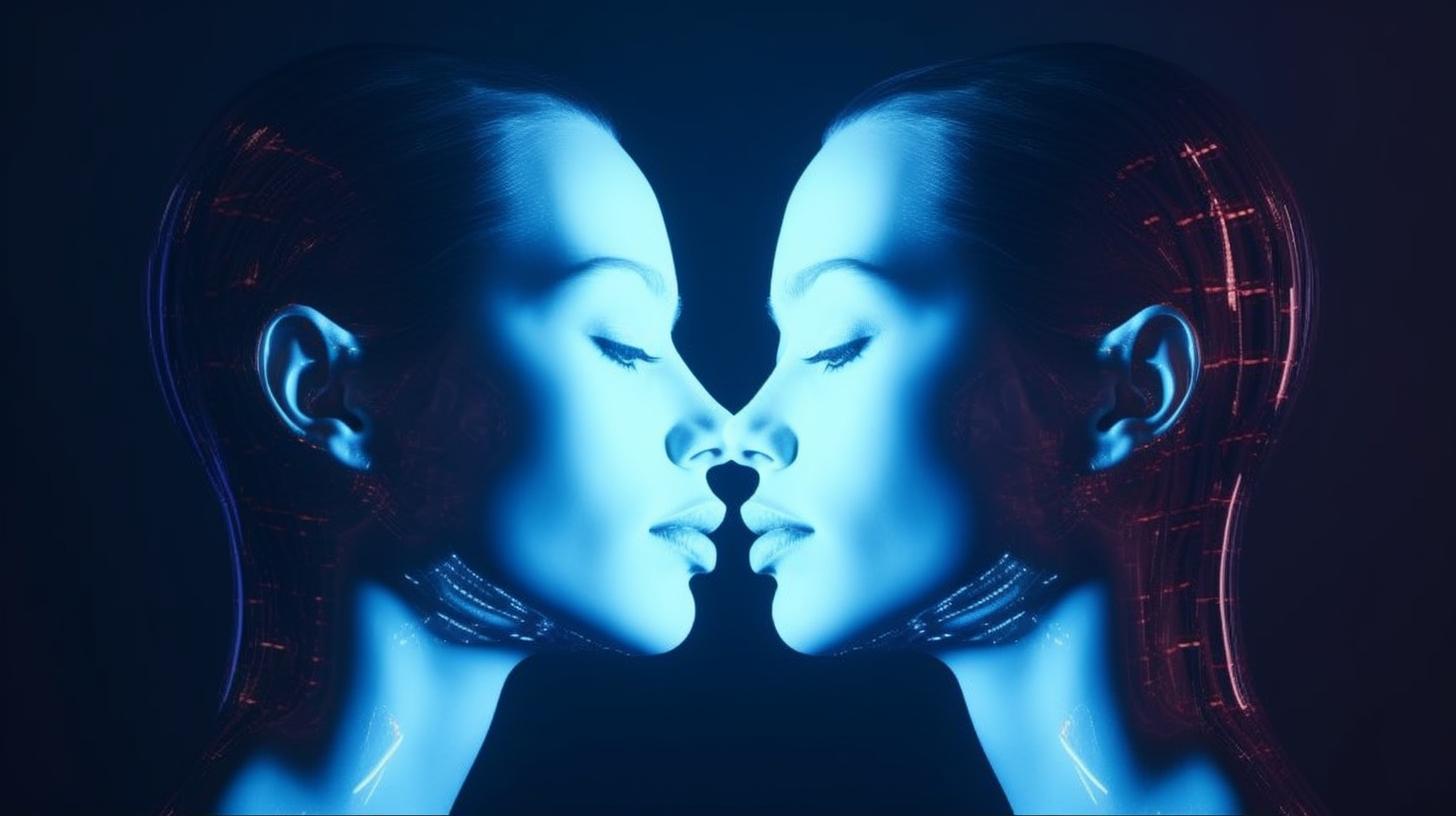 "Imagen digital neón de dos rostros femeninos superpuestos, evocando una emotividad romántica y caracterizada por narices distintivas, inspirada en el estilo de Christophe Vacher y Zhang Jingna."