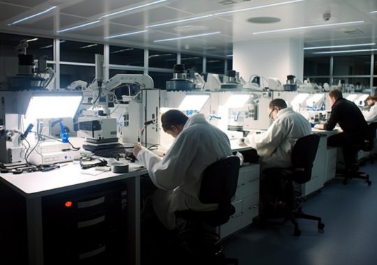 Hombres trabajando meticulosamente en un laboratorio iluminado con un realista juego de luces y sombras, en el estilo del artista Aquirax Uno.