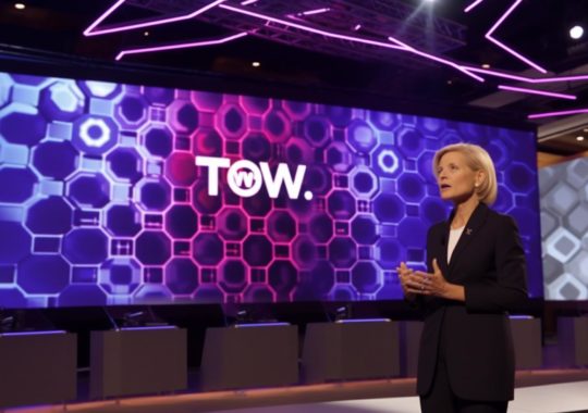 "Ron Jones posando en un escenario junto al logo de TOW, en un estilo abstracto pero realista, con tonos magenta y una iluminación y colorido realistas, evocando una atmósfera política y el movimiento artístico Neue Sachlichkeit."