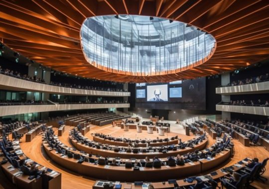 "El nuevo salón de asambleas de Europa, completado en un estilo reminiscente a Rembrandt, con una atmósfera política y un mundo detalladamente construido, dominado por tonos naranjas e índigos."