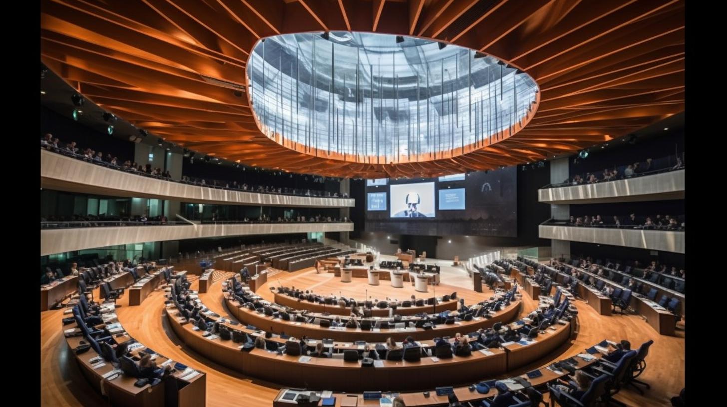 "El nuevo salón de asambleas de Europa, completado en un estilo reminiscente a Rembrandt, con una atmósfera política y un mundo detalladamente construido, dominado por tonos naranjas e índigos."