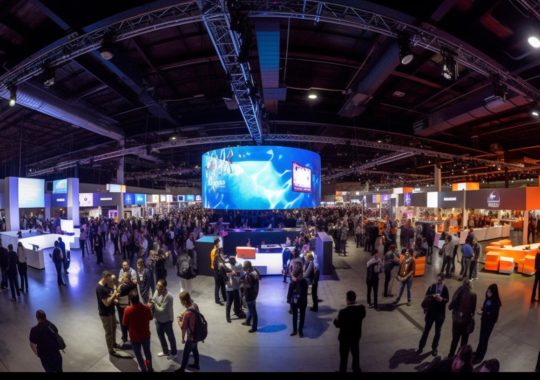 "Vista panorámica desde el interior de un salón de conferencias, con un espectacular telón de fondo en tonos oscuros de azul y naranja, y toques de violeta y ámbar, evocando el estilo artístico de Eric Deschamps, Magali Villeneuve y Erin Hanson."