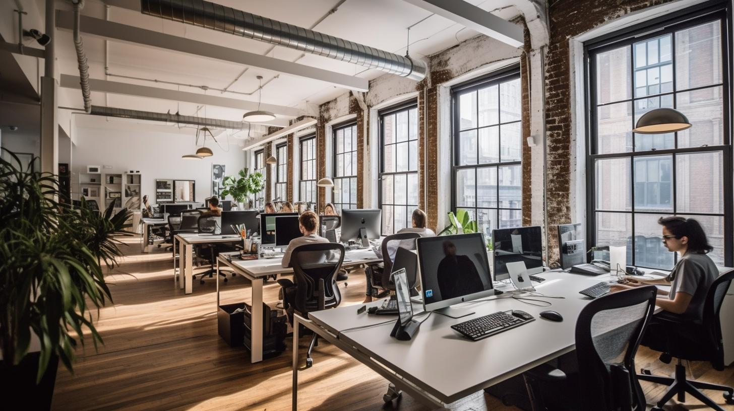 "Un amplio espacio de oficina con personas trabajando en sus escritorios, iluminado por una luz dorada, con un estilo de simplicidad rústica y estética de maquinaria industrial."